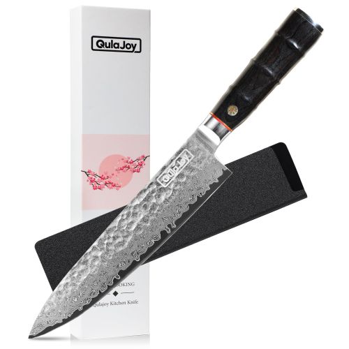 Qulajoy 8 Inch Japanese Chef Knife,67 Layers Damascus VG-10 Steel Core,Professional Hammered Kitchen Knife,Handcrafted With Ergonomic Bamboo Shape Han